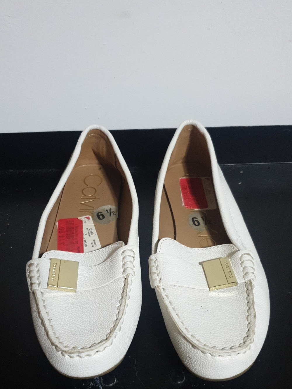 Calvin Klein White Leather Moccasin Loafers with Gold Plaque